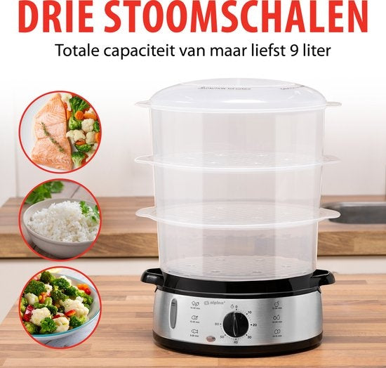 alpina Stoomkoker 9L - 3 Lagen - BPA-Vrij - Warmhoudfunctie - 800W - RVS