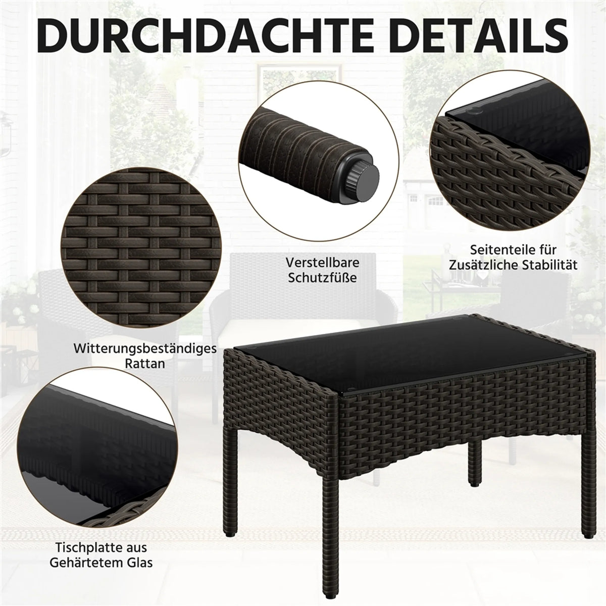 Yaheetech Polyrattan Loungeset 4-delig - 2-zitsbank en 2 Fauteuils met Glazen Tafel - 100 x 59,5 cm - Bruin met Beige Kussens