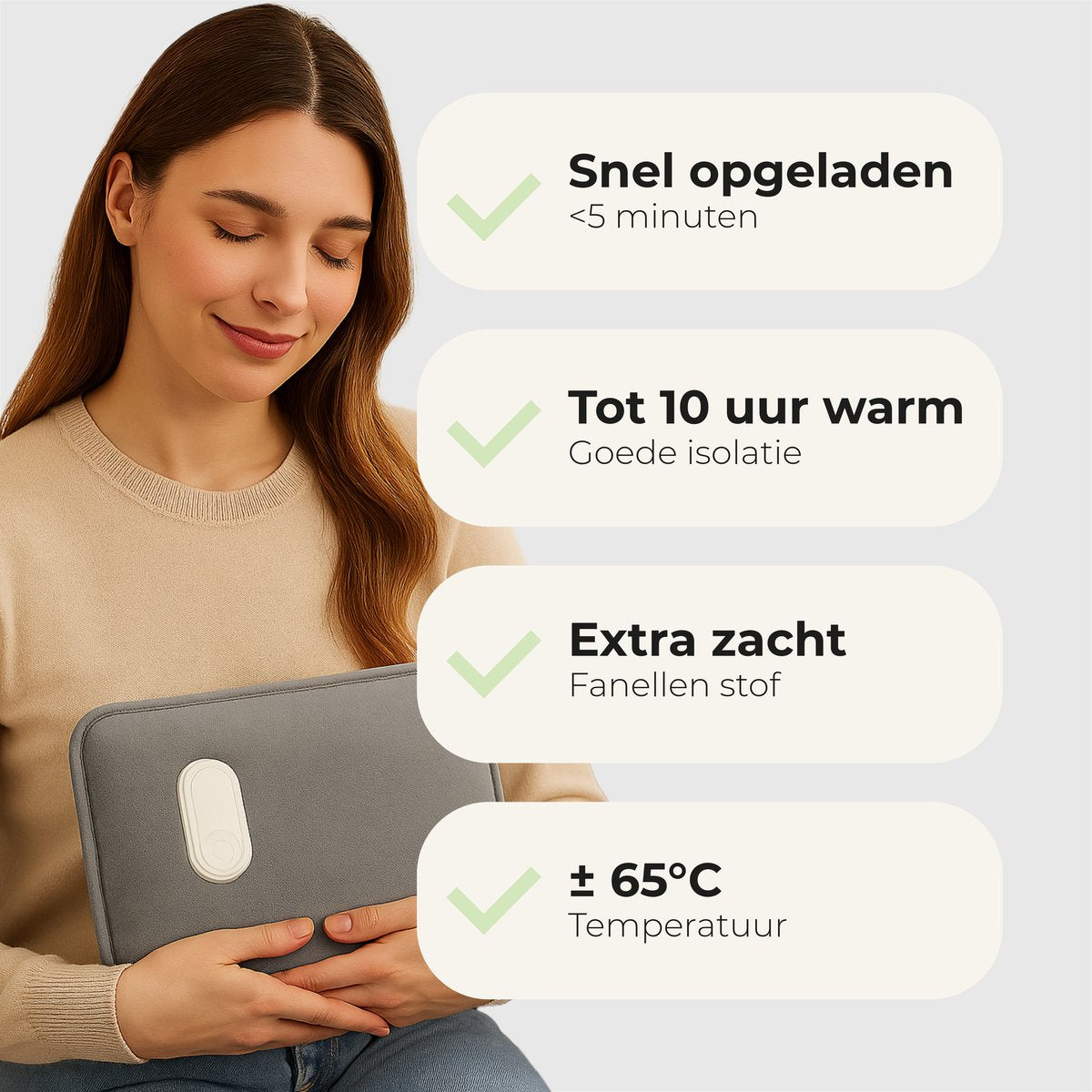STAUS&BACH Aura Elektrische Kruik met Fleece Hoes – 27x18 cm – Grijs – Warmtekruik voor Handen, Buik en Baby
