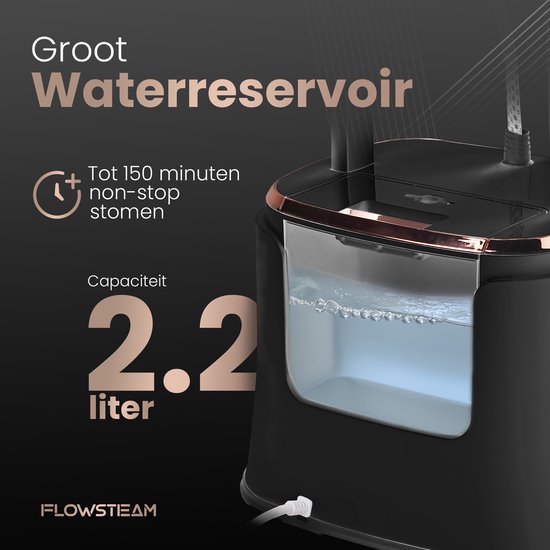 FLOWSTEAM® PRO Kledingstomer - Handstomer - Stoomreiniger - Stoomapparaat Kleding - 150 Minuten Stomen - 2.5M Snoer - Zwart