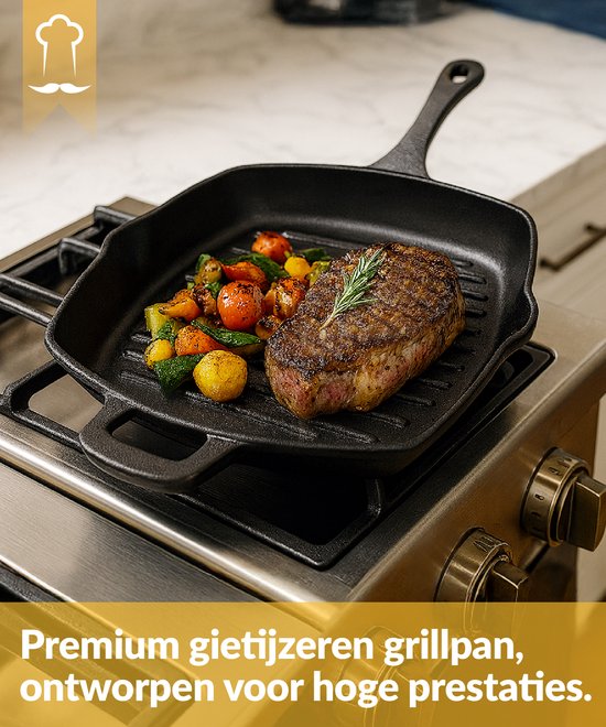 Chefarone Gietijzeren Grillpan – 25,5 cm – Voor Inductie, Gas, Oven & BBQ – Vierkante Grillpan met Ribbels – Perfecte Grillstrepen & Warmteverdeling – Pan met Handgreep