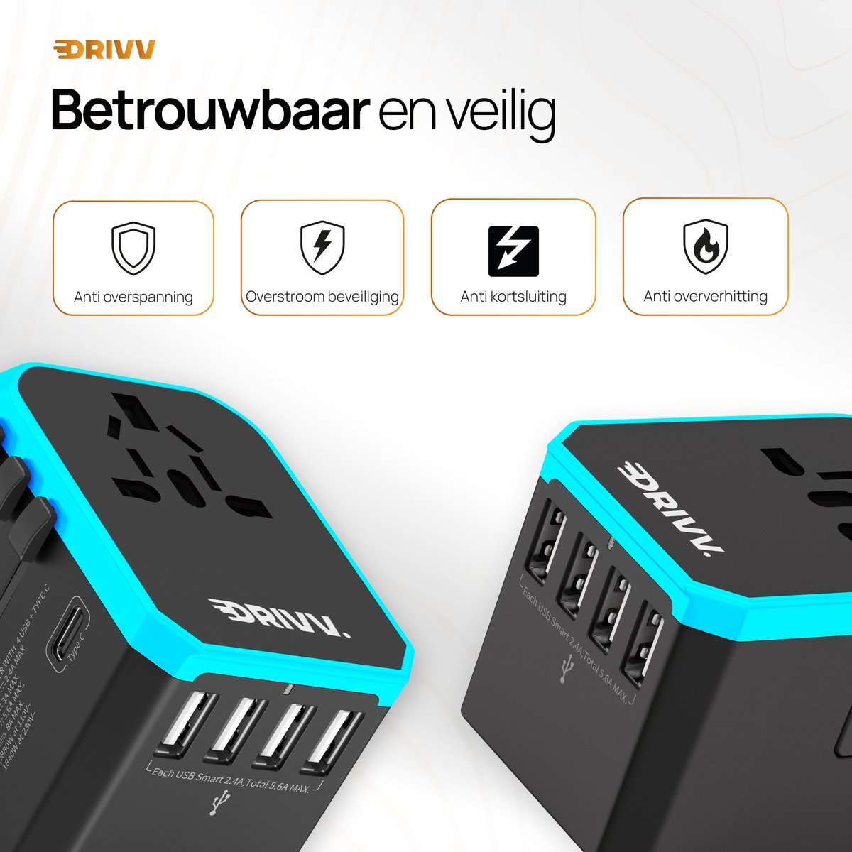 Drivv. Universele Wereldstekker - 4x USB & 1x USB C Fast Charge Travel Adapter - Reisstekker Amerika / Engeland / UK / Canada / Afrika/ Japan / Mexico / Thailand / Zuid Amerika - Type A, B, C, E, F, G, I, J, L, N - 150+ Landen - Reisadapter - Zwart