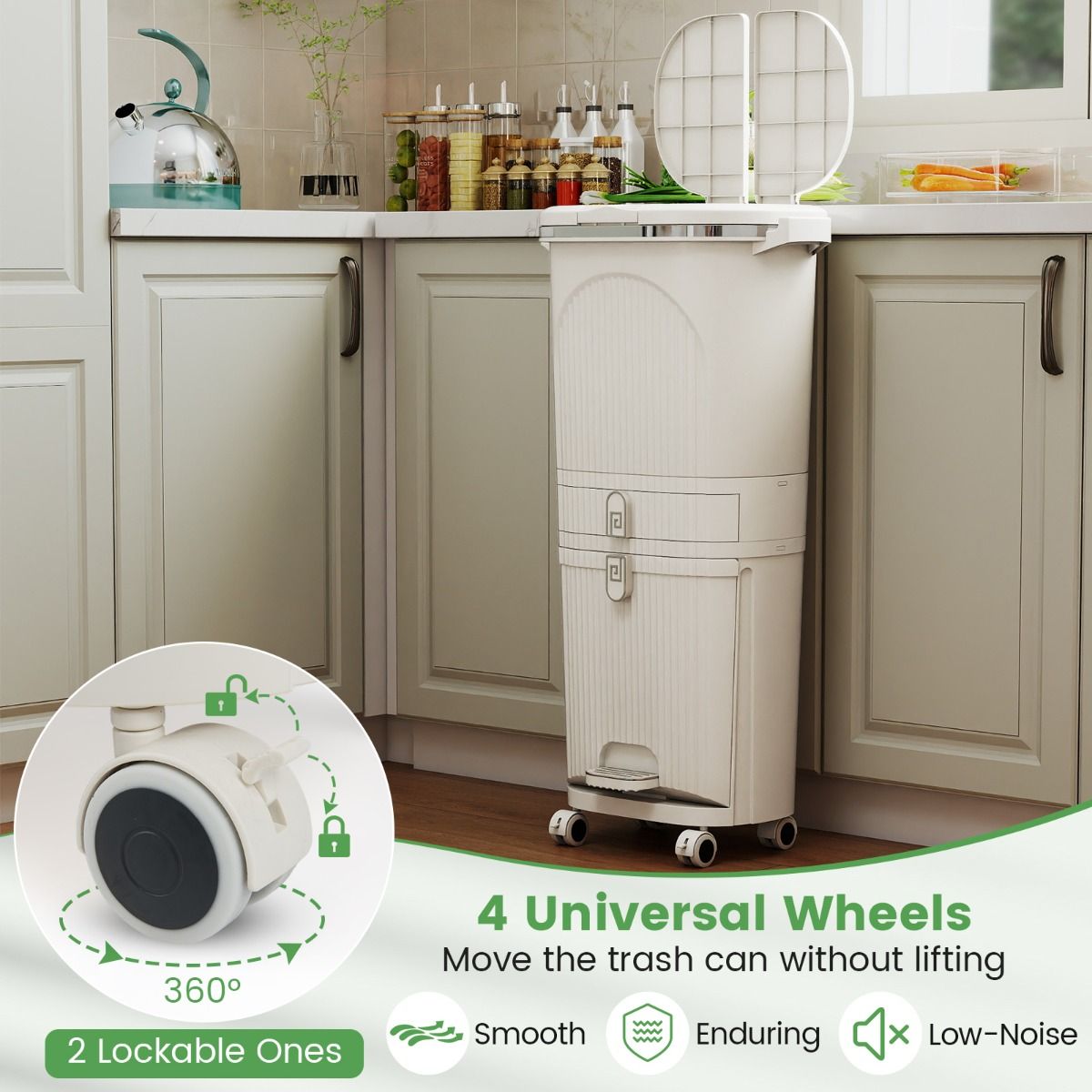 Coast Keukenafvalbak - 3-vaks afvalscheiding - voetpedaal en wielen - beige/wit - 42 liter