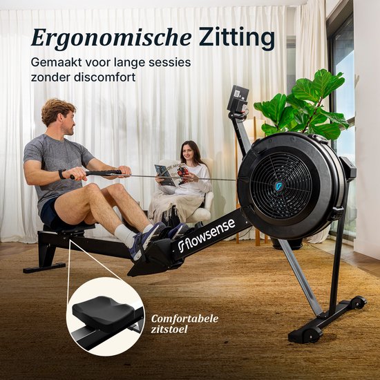 Flowsense Roeitrainer op Luchtweerstand – Professionele Roeimachine – 10 Weerstandsniveaus – Inklapbaar – Full Body Workout – Bluetooth App & LCD Monitor – Max. 200 kg – Roeitrainers - Voor Thuis & Sportschool