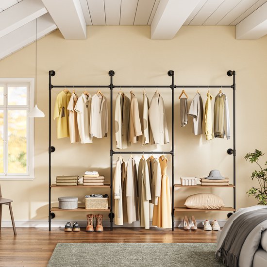 SoBuy wandgemonteerde kledingstang met 4 hangstangen en 4 MDF-planken, open kledingkast, draagvermogen 120 kg voor slaapkamer, 265x48x220 cm, industrieel zwart KLS19-SCH