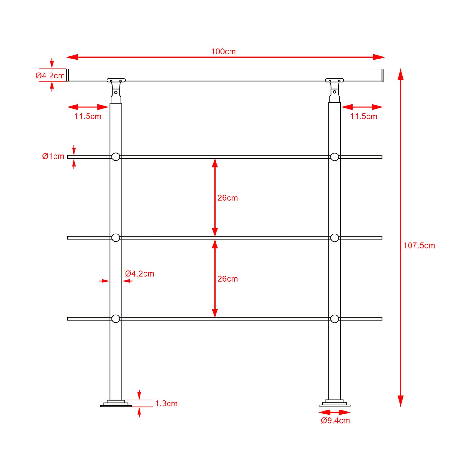 Monzana Trapleuning 100 cm - Met 3 Spijlen – Roestvrijstaal