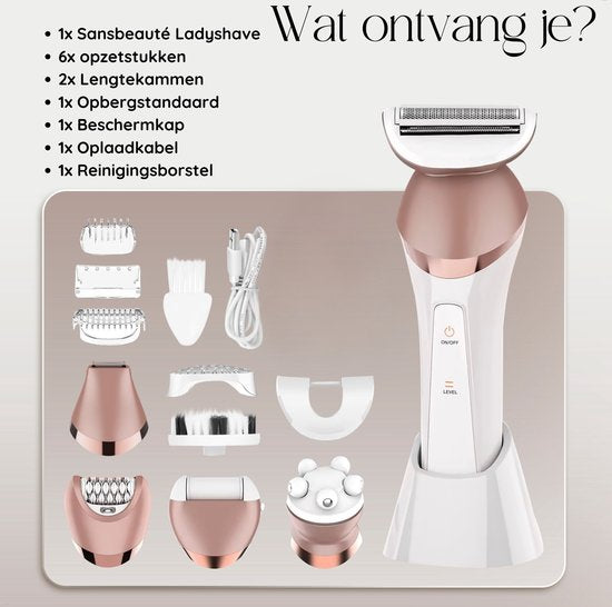 Sansbeauté® 6-in-1 Ladyshave Gezicht - Oksels - Benen - Bikinilijn - Scheerapparaat Vrouw - Epilator - Epileerapparaat Dames - Trimmer Vrouw - Bikinitrimmer - USB Oplaadbaar