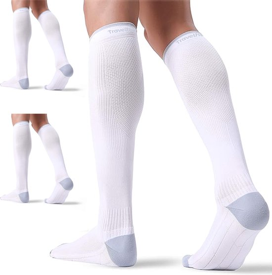 Travelhawk Compressiekousen Wit - 3 Stuks - Hardloopsokken - Premium Compressiesokken - Running Socks - Vochtafdrijvend - Skisokken - Voorkom Blessures & Spierpijn - L/XL