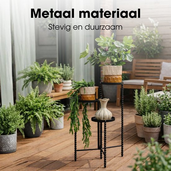 Mica Decorations Salvo Plantenrek - Plantenstandaard voor Kamerplanten - Plantentafeltje voor Binnen - Plantenonderzetter met Drie Plateaus - 40 x 40 x 70 cm - IJzer - Zwart