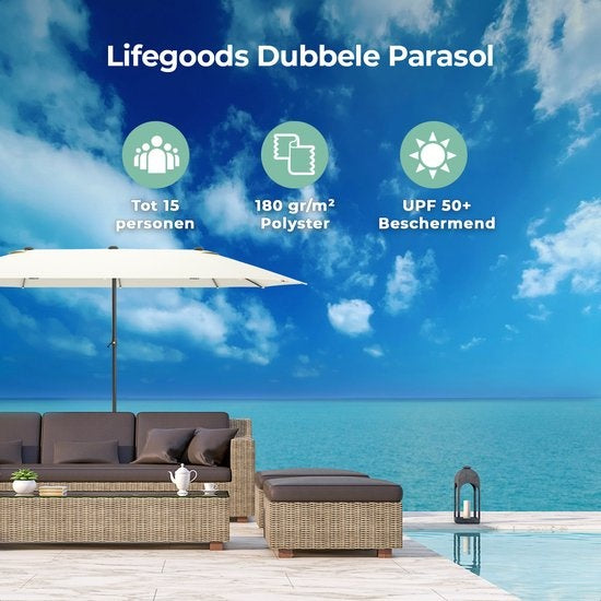 LifeGoods Dubbele Parasol - 270x460cm - tot 15 Personen - Waterdicht - met Hoes - Crème