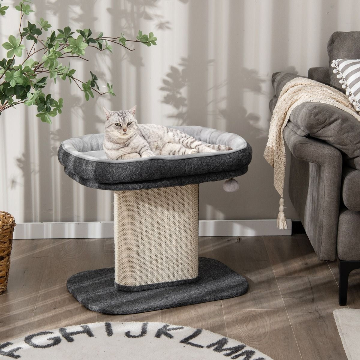 Coast Modern Scratch Tree Cat Furniture met grote pluche stoel en sisal krasplaat grijs