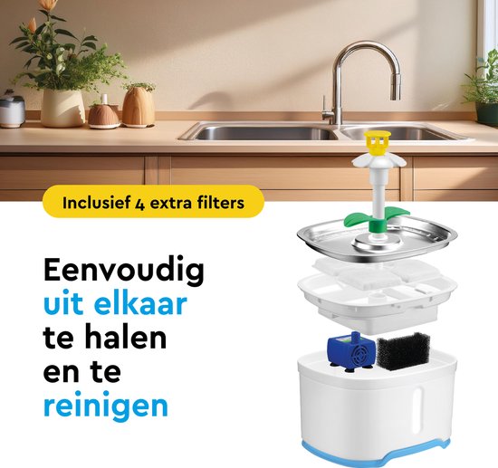BRASQ Drinkfontein kat en hond 2,5 Liter - Waterfontein - Kattenfontein - Waterdispenser - Dieren drinkbak - Wit - BPA vrij - geruisloos - Inclusief 4 reservefilters + accessoires