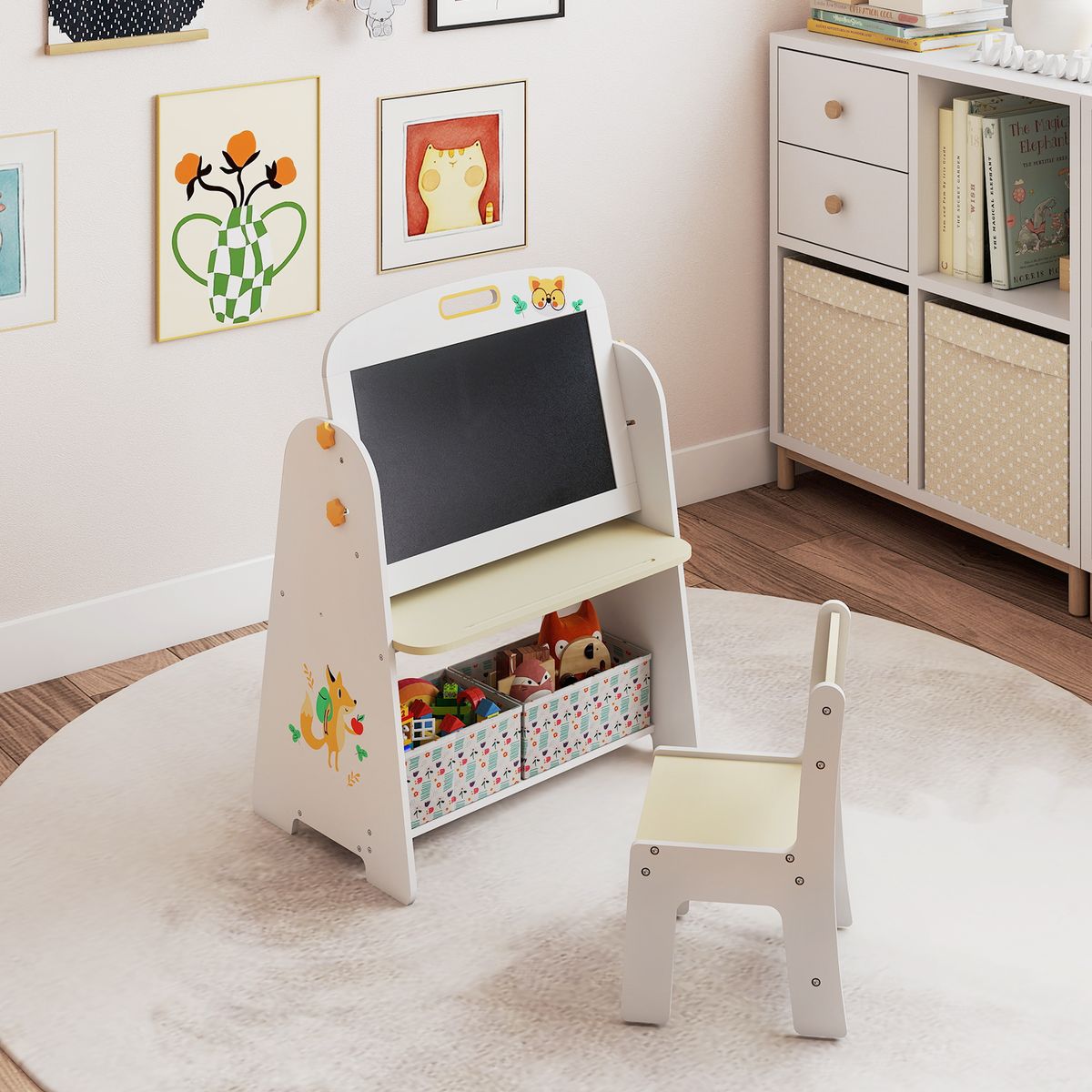 Coast Kindertafelset met Stoel - 4-in-1 ontwerp - Boekenrek en opbergruimte - Natuur