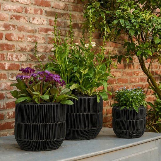 Mica Decorations Peta Bloempot voor Buiten – Set van 3 – Plantenpot voor Bloemen en Buitenplanten – Bloempotten voor Buiten – Zwart