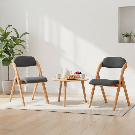 SoBuy Set van 2 Klapstoel, Bureaustoel met Gestoffeerd Zitkussen, Eetkamerstoel, Natuur/Donkergrijs, 47.5x77x59 cm, FST92-SGx2 - voor eetkamer, balkon of kantoor