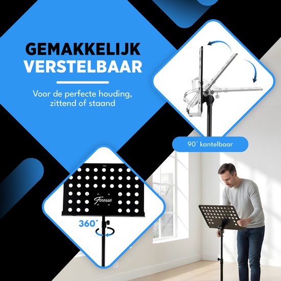Finesse Muziekstandaard voor Bladmuziek met Telefoonhouder - XL - Opvouwbaar - met Draagtas - voor Tablet - Zwart