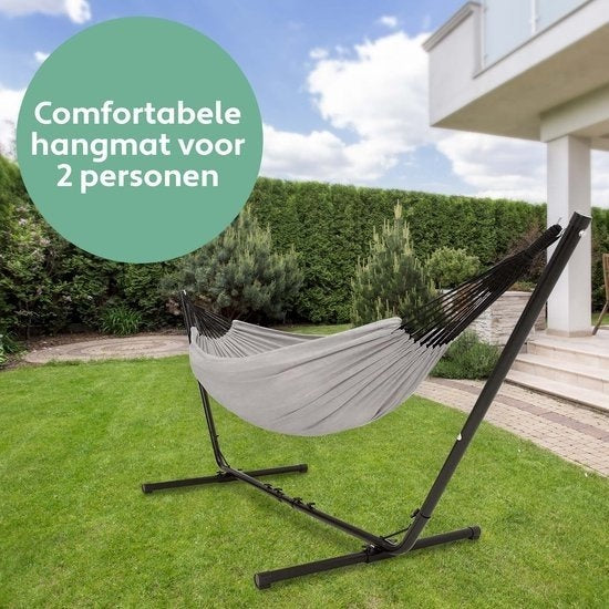 Vita5 Hangmat met Standaard – 2 Persoons – Verstelbare Lengte – Incl. Draagtas – Draaggewicht 205 kg – Grijs