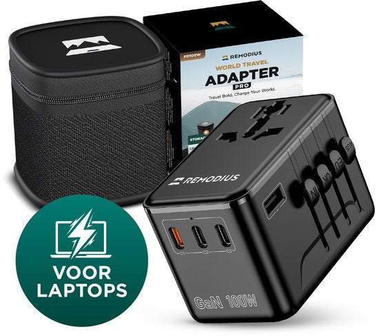 Remodius® Wereldstekker PRO - 220+ landen - Universele Reisstekker met PD100W Ultra USB C Snelladen voor Laptops, Telefoons, Tablets, en meer - 3x USB-C - 1x USB-A