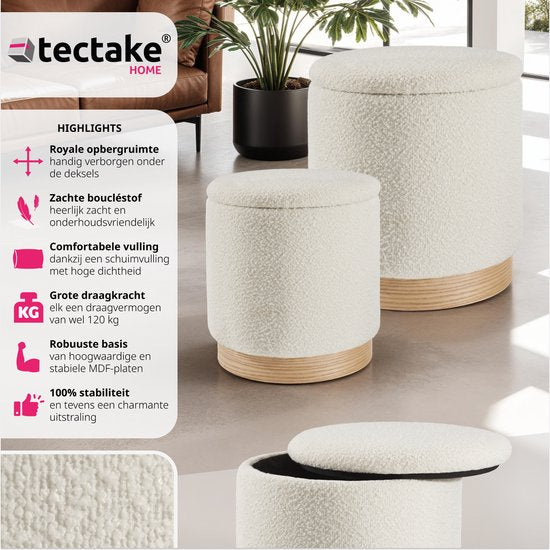 tectake® - Set van 2 krukken met opbergruimte - bouclé teddy stof - Scandi - Gestoffeerde kruk rond - Voor make-uptafel, slaapkamer, woonkamer - 2 maten (38 en 32cm)