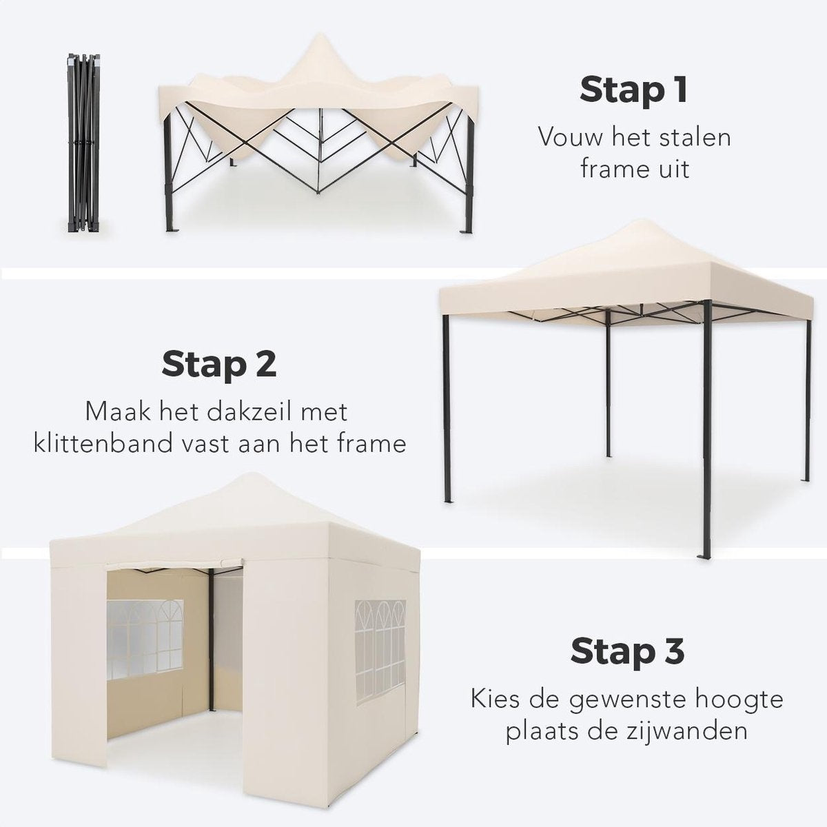 LifeGoods Partytent - Paviljoen - EasyUp - Opvouwbaar - Waterdicht - Met Draagtas met wieltjes - 300 x 300 cm - Beige