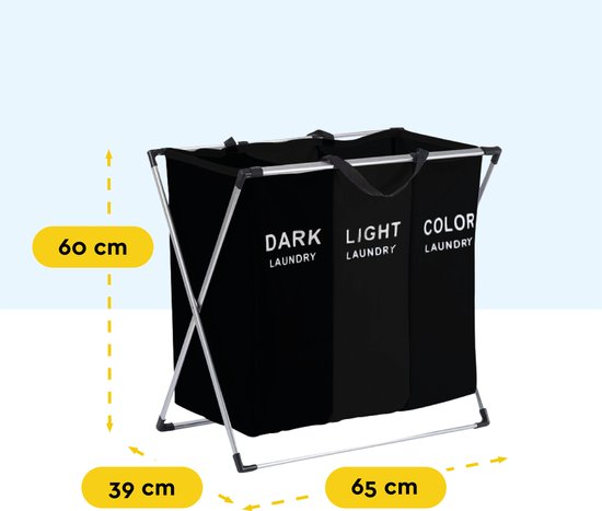 BRASQ Wasmand Opvouwbaar 3 vakken - Wassorteerder 65x39x60 cm - Wasbox Zwart - 118 Liter - Basket