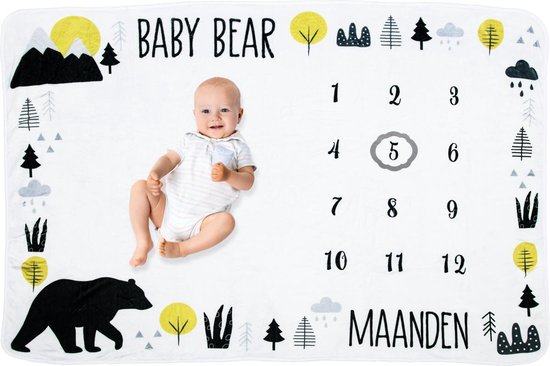 Frummel Mijlpaaldeken ‘Bear’ – Mijlpaaldeken – Mijlpaal baby – Kraamcadeau Jongen – Kraamcadeau Meisje – Baby Shower Cadeau – Baby Cadeau – Mijlpaaldeken in het Nederlands – Moederdag cadeau - 100 x 150 cm