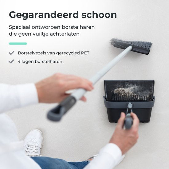 CLEANLY Stoffer en Blik met lange Steel 134 cm - Bezem voor Binnen en Buiten - Innovatieve Borstelvezels - Zwart, Grijs