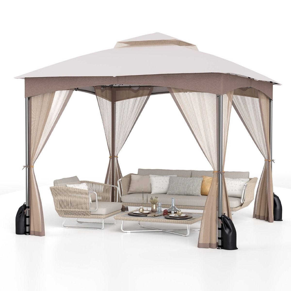 Coast Tuinpaviljoen - dubbel dak - muggennet en zandzakken - khaki 3 x 3 m