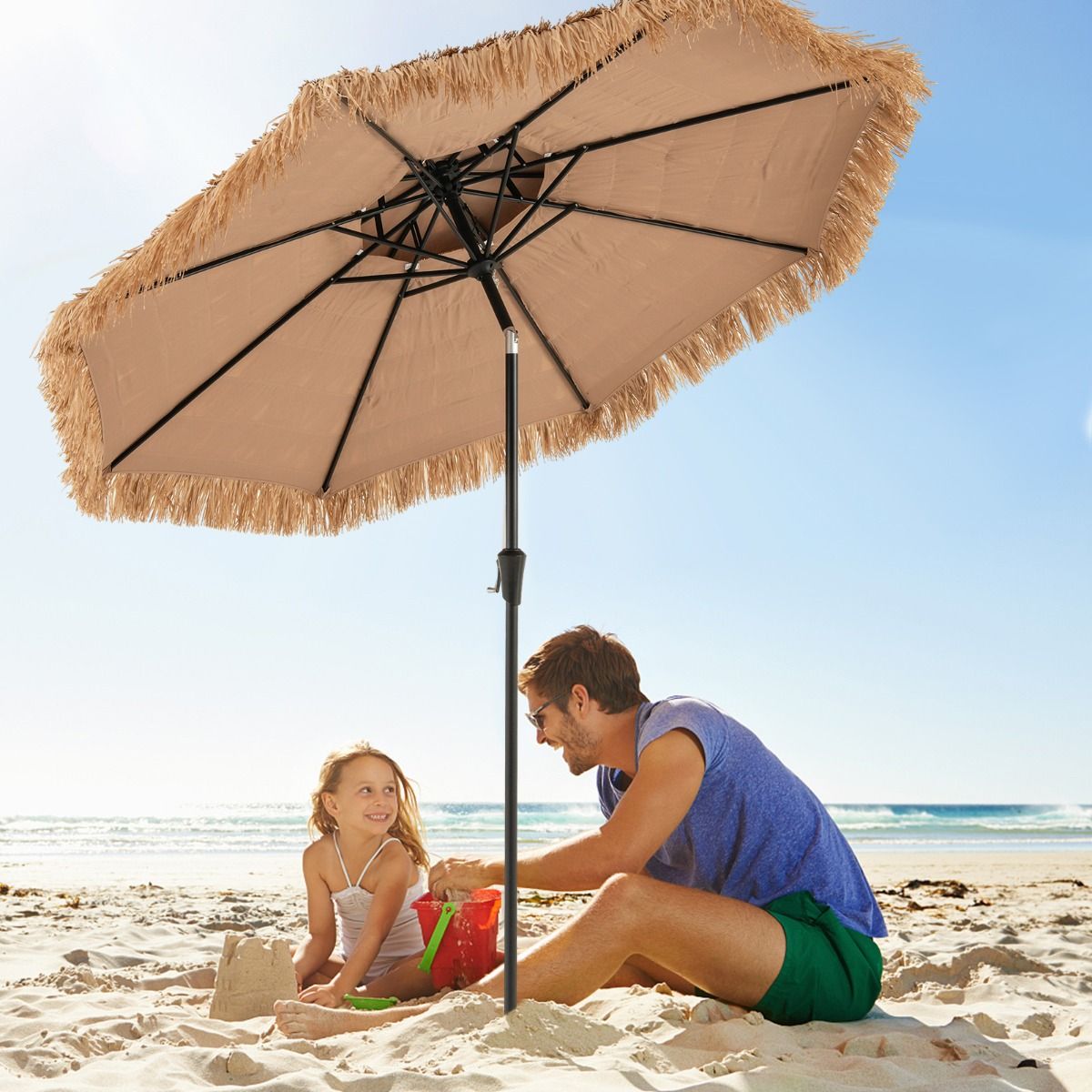 Coast Hawaïaanse Rieten Tiki Parasol 267x247 cm – Natuurlijke Terrasparasol met Zwengel, Kantelmechanisme & 8 Stevige Baleinen