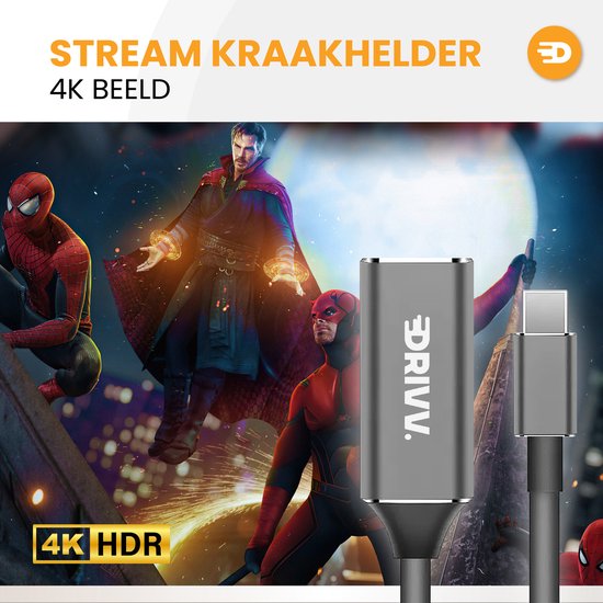 Drivv. USB C naar HDMI Adapter - Ondersteunt 4K 30Hz - Converter - Type C naar HDMI - Thunderbolt 3 - Grijs