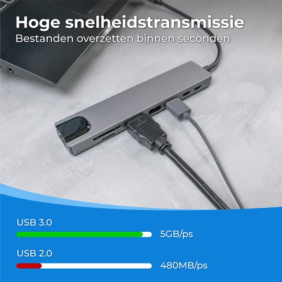 Nuvance - USB C Hub 3.0 – 8 Poorten - USB Splitter met Ethernet - USB C naar HDMI - USB Hub 3.0 - Docking Station Laptop - Micro SD Card Reader - HDMI 4K - Grijs