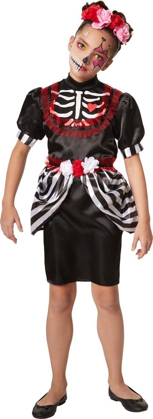 Dressforfun Griezelige skeletdame 104 (3-4j) - verkleedkleding kostuum halloween verkleden feestkleding carnavalskleding carnaval feestkledij partykleding - 301985
