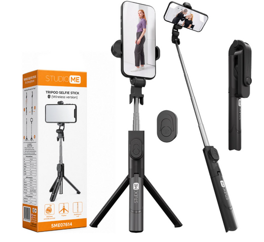 Studio ME Bluetooth Tripod Selfiestick – Afstandsbediening, Telefoonhouder En Kantelhoek – Voor Smartphone Foto En Video – Zwart Kunststof – 18 tot 66 cm