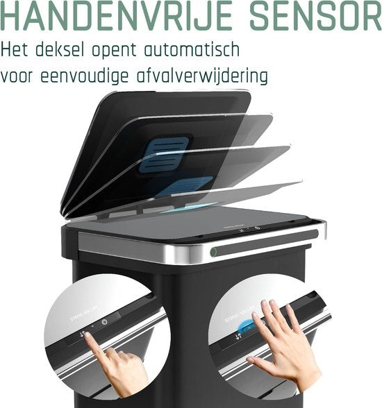 StangVollby Halden Prullenbak met Sensor - 60 Liter - 4 Compartimenten - Soft Close - Zwart