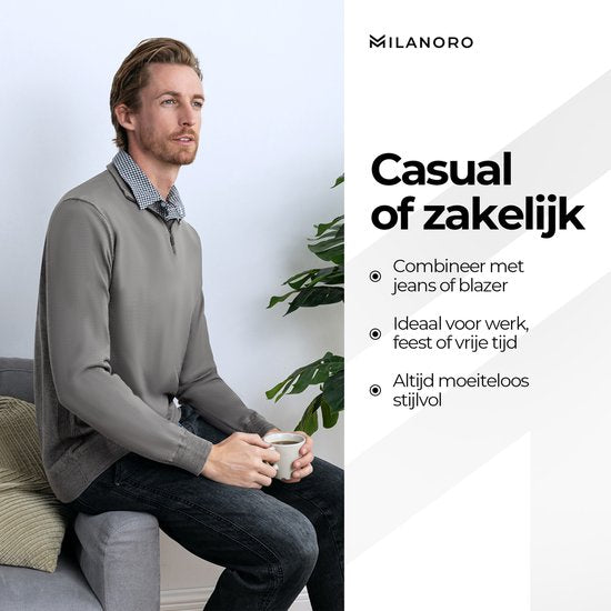 Milanoro - Herenpullover met overhemdkraag - Donkergrijs - S