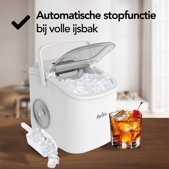 Aviro IJsblokjesmachine - 1,3L - Met IJsschep - Zelfreinigingsfunctie - 12KG / 24U - 9 Blokjes / 6 Min - Wit