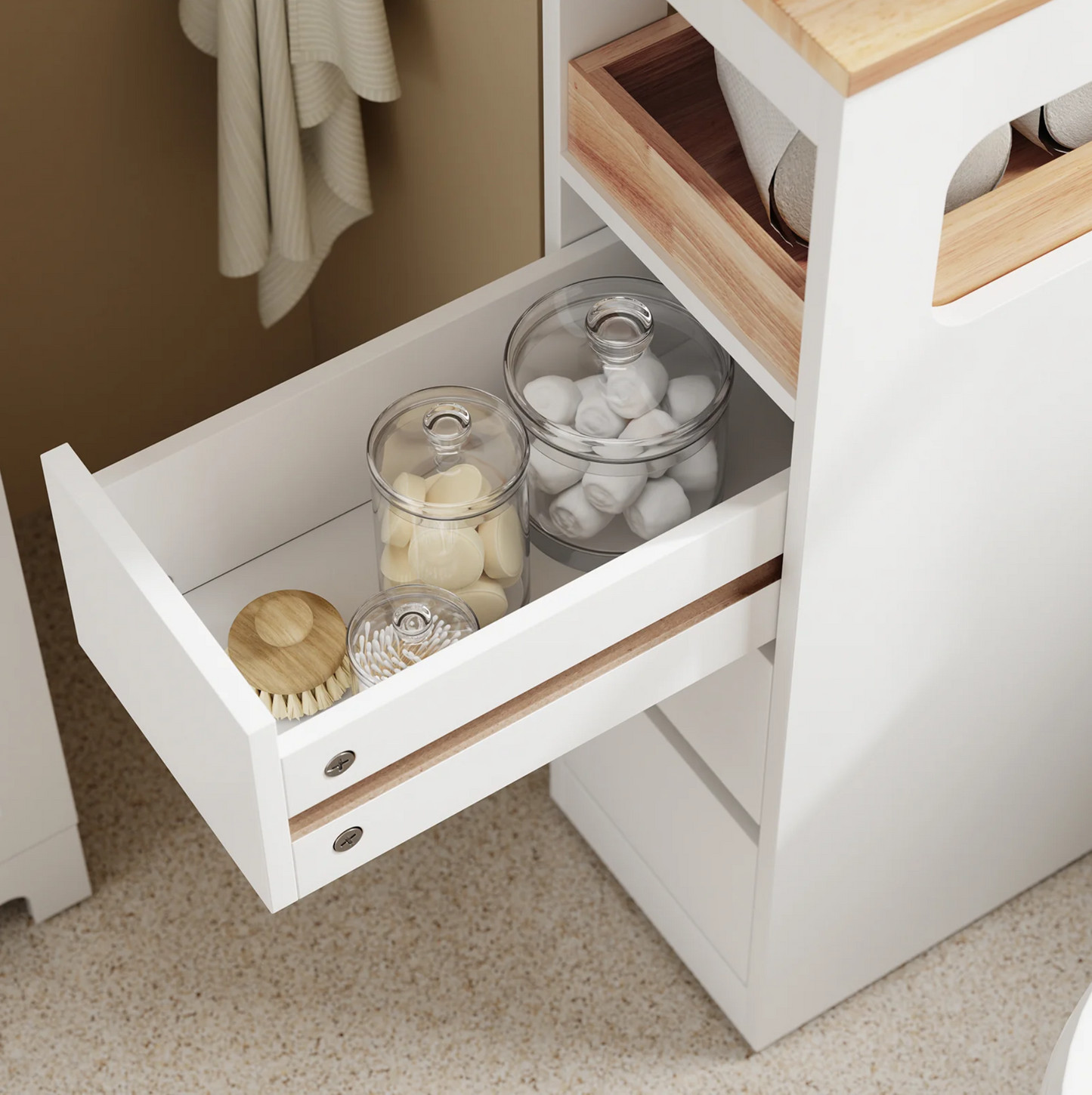 SoBuy Smalle Badkamerkast op Wieltjes - 65x23x82 cm - 3 Lades - Open Vak - MDF & Hout - Wit/Naturel