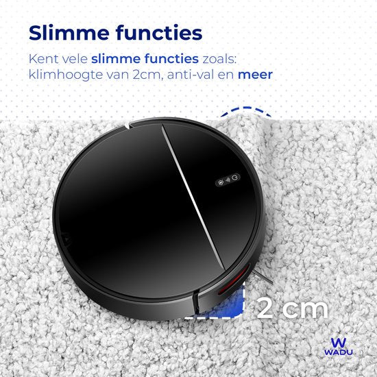 Wadu Robotstofzuiger – Met dweilfunctie, 2500Pa zuigkracht & 600 ml stofbak – 120 min batterijduur – Ø32 x 7,8 cm – Zwart