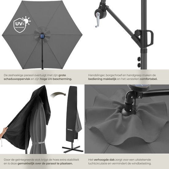 tectake® Zweefparasol met Voet - 3 x 3 m - Tuinparasol met LED-Verlichting op Zonne-Energie - Draaibaar - Waterafstotend Polyester met UV-Bescherming - Inclusief Hoes - Grijs