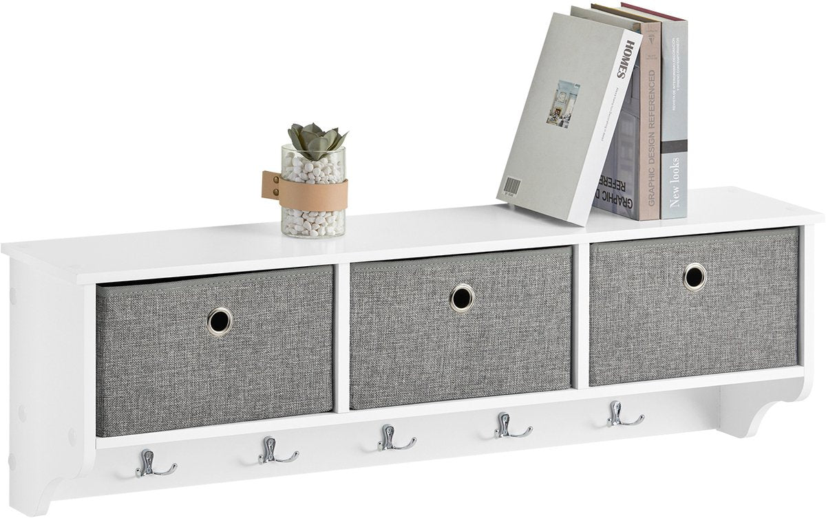 SoBuy FRG282-W Wandkapstok met 3 Lades – Kapstok met 5 Haken & Opbergvakken, Wandrek Halmeubel, Wit-Grijs, 100x20x30cm