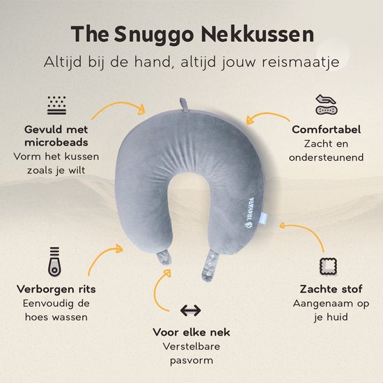 TRAVARA Nekkussen The Snuggo - Microbeads Reiskussen Voor Vliegtuig - Auto Kussen - Travel Pillow - Licht Grijs