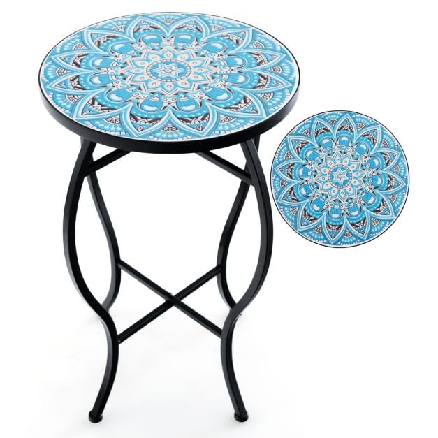 Coast Mozaïek Bijzettafel – Ronde Bistrotafel 35 x 55 cm – Blauw/Zwart