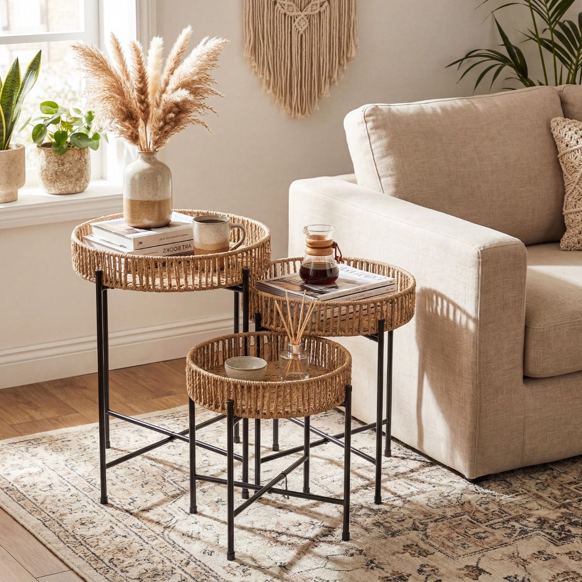 Coast Bijzettafelset rond - handgevlochten boho vlechtwerk - metalen poten - naturel - set van 3
