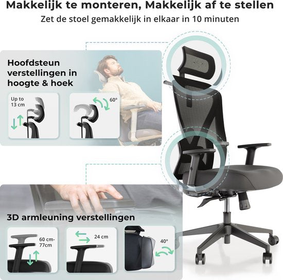 Backerz Mesh Ergonomische Bureaustoel - Bureaustoelen voor Volwassenen tot 150kg - Office Chair NEN-EN1335 - Gamestoel