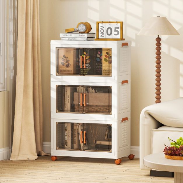 Coast Opbergboxen Wit/Bruin – Opvouwbare Stapelbare Organizer met Deuren en Wielen – 57-156L