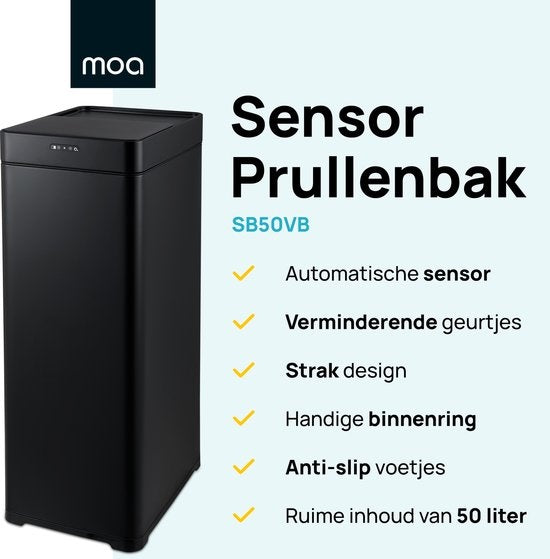 MOA Sensor Prullenbak - 50 liter - RVS & duurzaam ABS - Geruisloze deksel - Vertraagd sluiten modus - Zwart - SB50VB