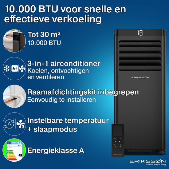 Erikssøn Mobiele Airco - 10.000 BTU - Incl. Raamafdichtingskit - Tot 30m² - 4-in-1 - Airconditioning - Ventilator - Ontvochtiger - Zwart