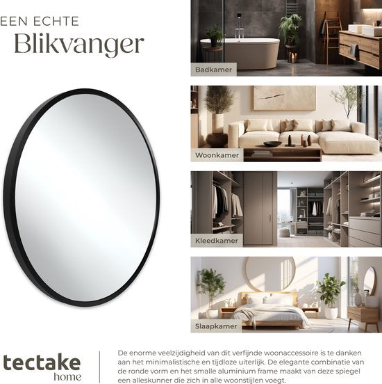 tectake® - Wandspiegel rond Fiona - Badkamerspiegel - Spiegel rond met stevig aluminium frame - Spiegel voor de badkamer, woonkamer of slaapkamer - Diameter van 80 cm