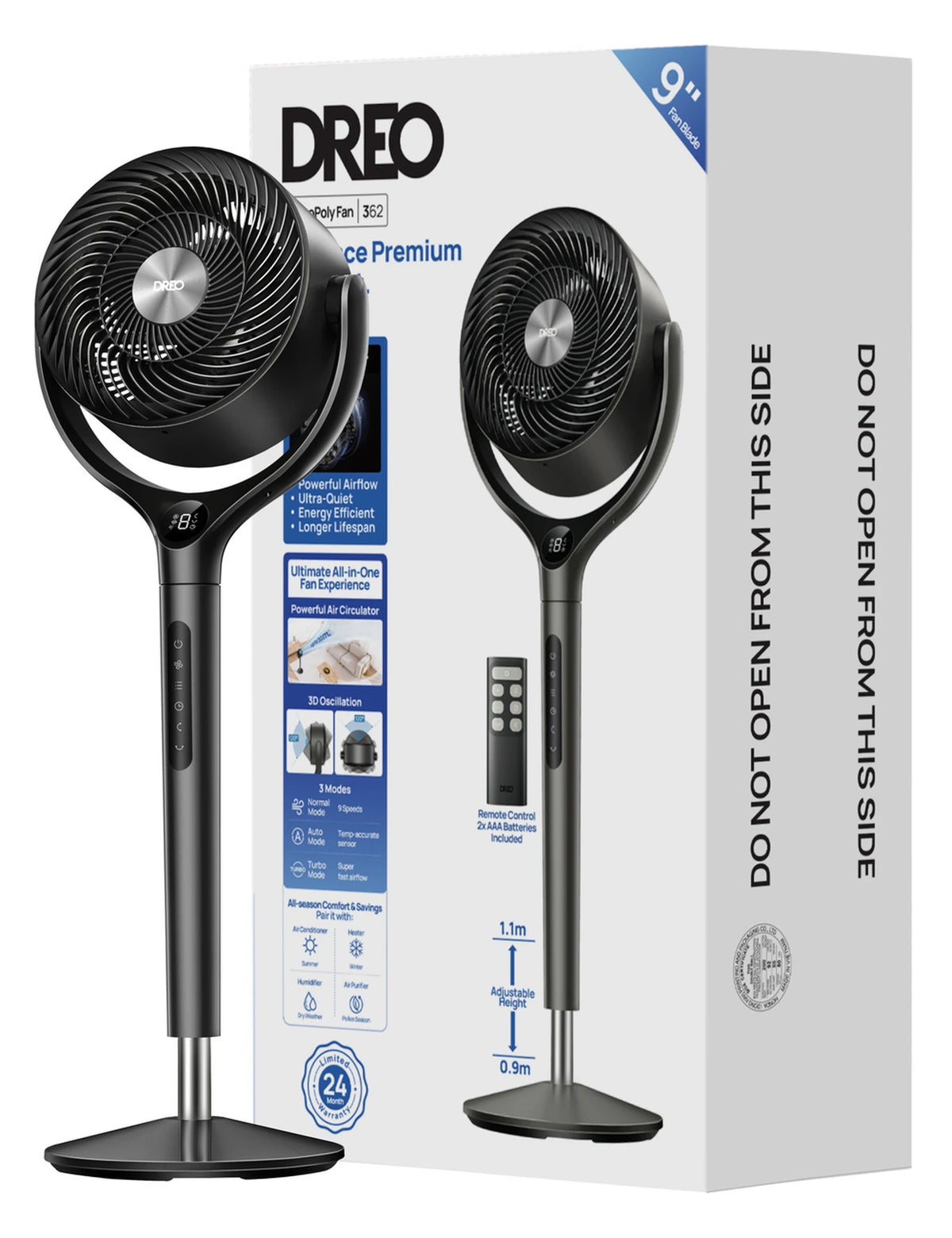 Dreo Turbo Luchtcirculator DR-HPF022 - Statiefventilator - 9 Snelheden & 6 Modi - Afstandsbediening - 120° Oscillatie - Hoogte 94-107 cm