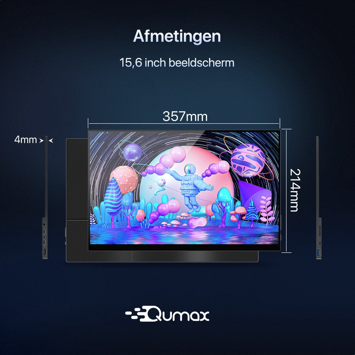 Qumax Portable Monitor – 15.6 inch Draagbare monitor – Full HD – HDMI & USB-C – Inclusief Hoes & Standaard – Multifunctioneel – Ingebouwde Speakers